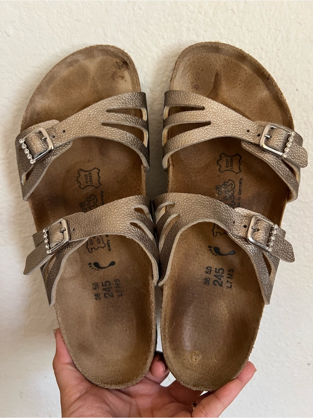 Birkenstock Birki's Moorea Leather Slide Sandals Bronze Womens 245 38 Size 7-7.5